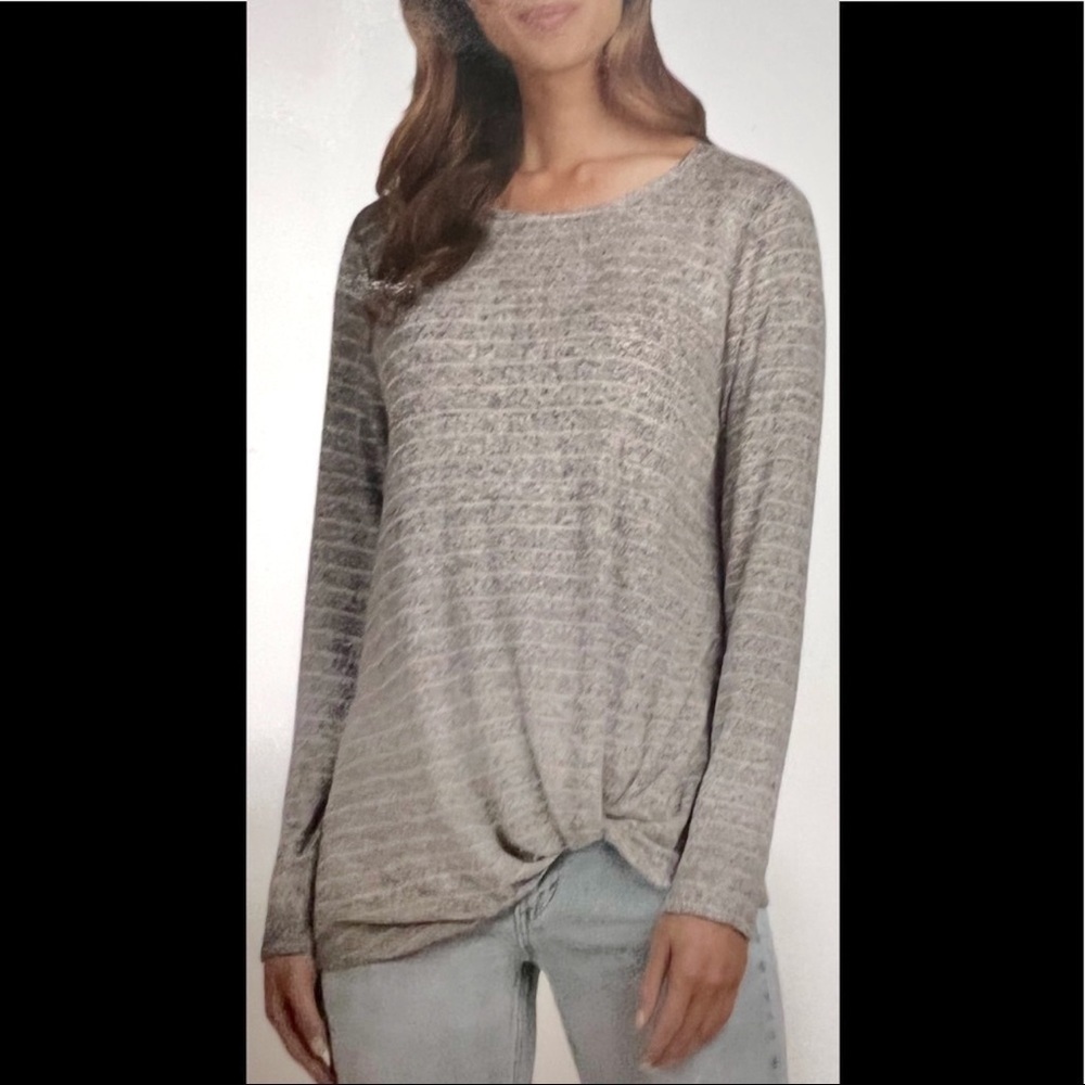 New-max & Mia Gray/White Cozy Super Soft Long Sleeve Front Side Twist Top SZ SM